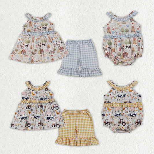 Sibling Baby Girls Kids Farm Animals Flower Tunic Ruffle Shorts Sets Rompers Clothes RTS