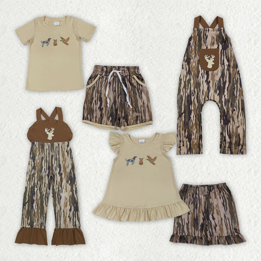 Sibling Baby Boys Girls Kids Embroidery Deer Dogs Duck Tops Camo Pockets Shorts Sets Romper Jumpsuit RTS
