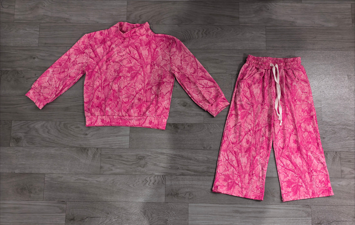 ( No moq ) Preorder Baby Girls Kids Pink Long Sleeves Leaves Shirt Pants Camo Set Clothes