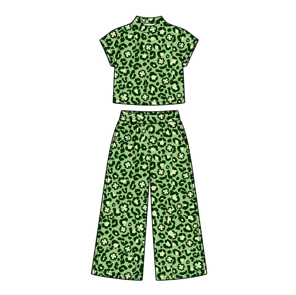 ( Moq 5 ) Preorder Baby Girls Kids Clovers Leopard Green Shirt Pockets Pants Set St Patrick Clothes