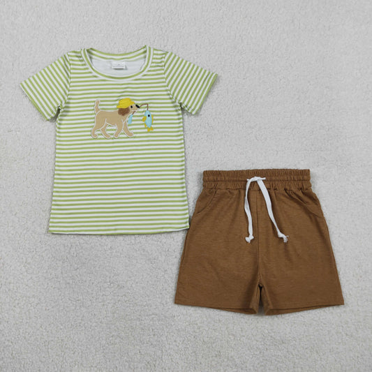 Baby Boys Short Sleeves Embroidery Dog Fishing Shirt Pockets Brown Shorts Clothes Set RTS