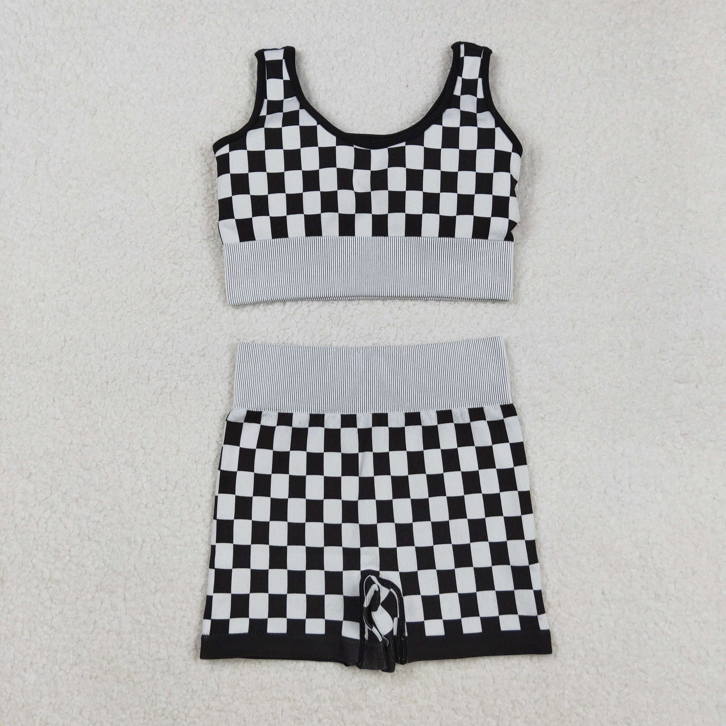 Adult Woman Sleeveless Black Checkered Tank Tops Shorts Knitted Yoga Set RTS