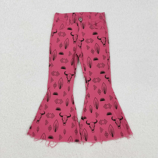 Girls Kids Pink Western Cow Cactus Denim Jeans Bell Pants RTS