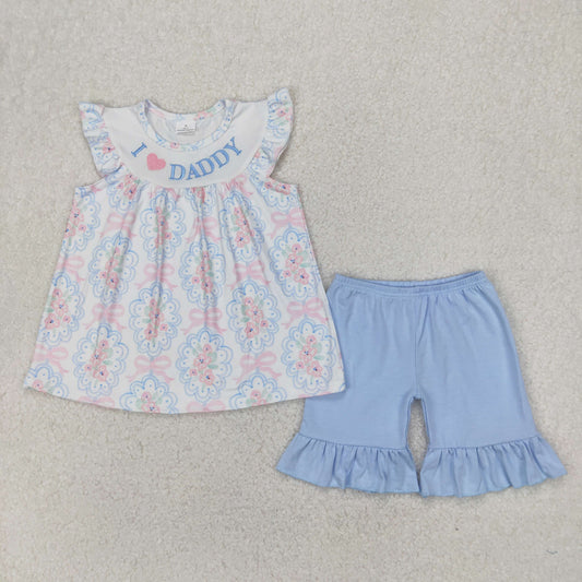 Baby Girl Short Sleeves Embroidery I LOVE DADDY Flower Bows Tunic Blue Ruffle Shorts Set RTS