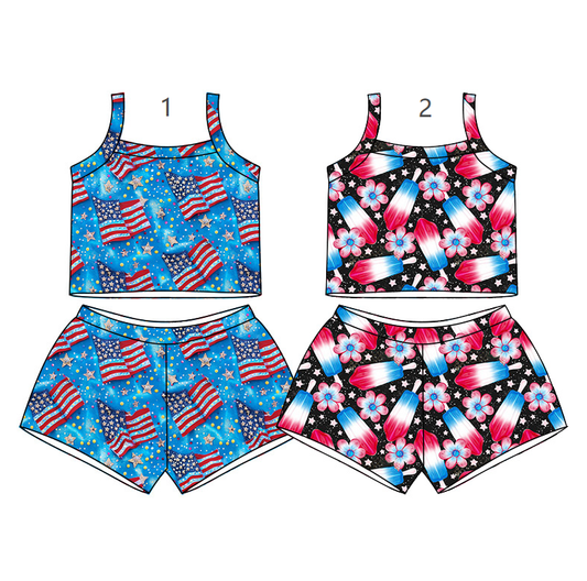 ( Moq 5 Each Style ) Sibling Baby Girls Kids Flags Popsicle Flower Shirt Shorts Sets 4th of July Clothes