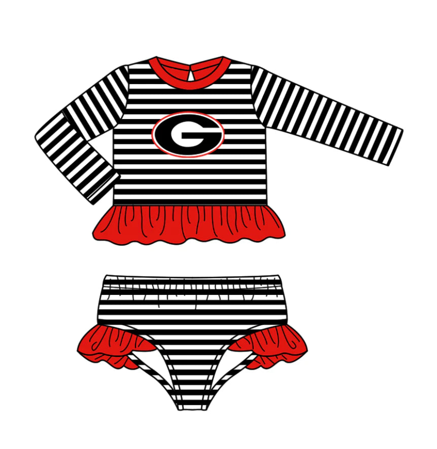 ( Moq 5 ) Baby Girls Long Sleeves G Ruffle Tops Black Stripes Shorts Team Set Swimsuit