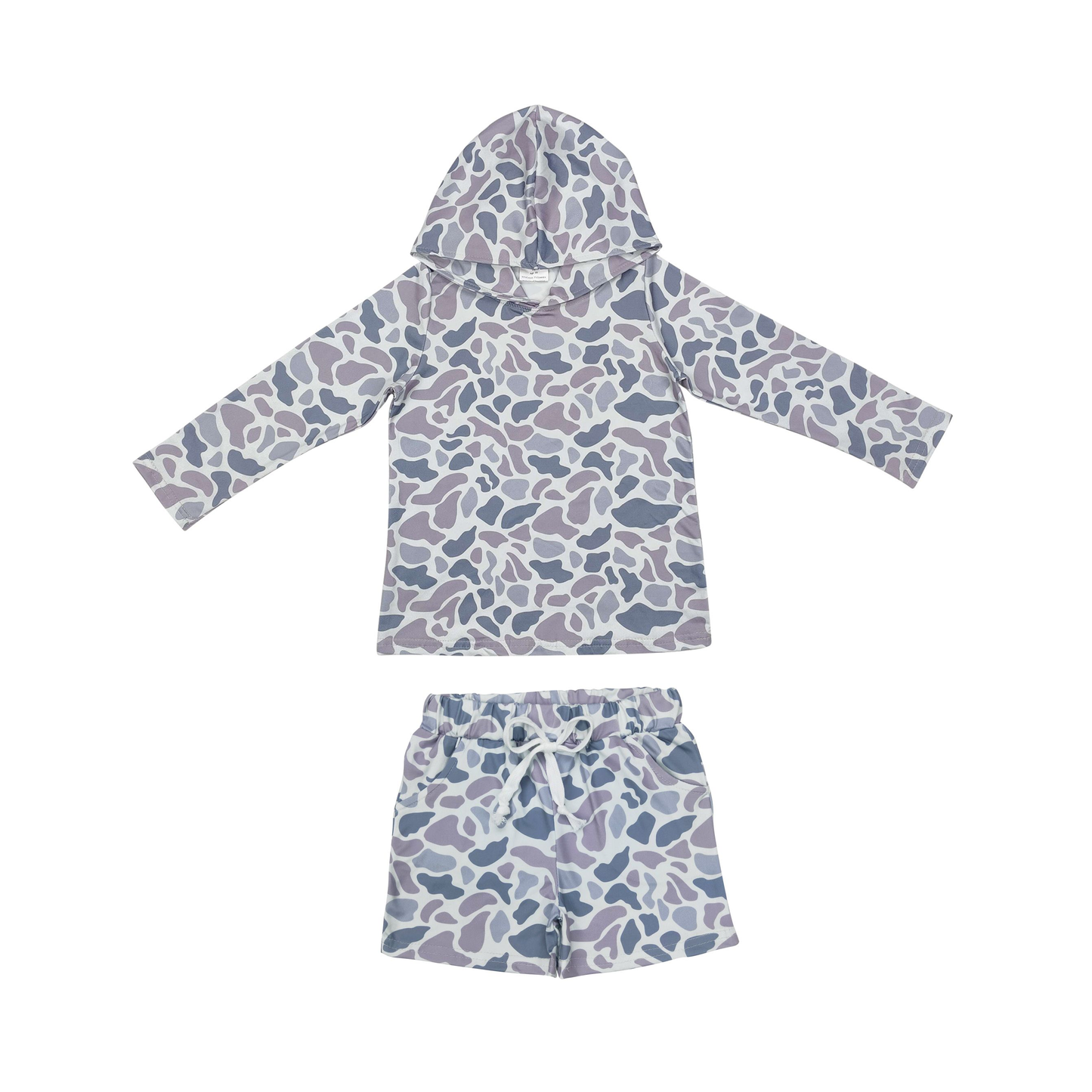 Boys Kids Long Sleeves Grey Camo Hoodie Shirt Pockets Shorts Clothes Set RTS