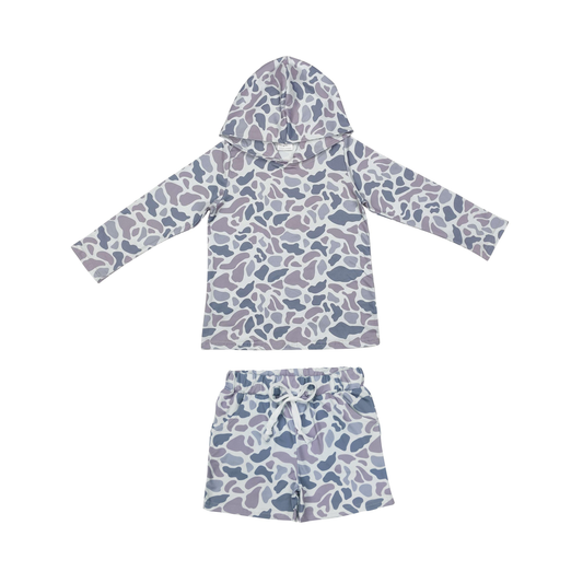 Boys Kids Long Sleeves Grey Camo Hoodie Shirt Pockets Shorts Clothes Set RTS
