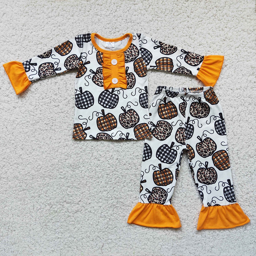 Baby Boy Girl Fall Checked Pumpkins Sibling Dresses Pajamas Set