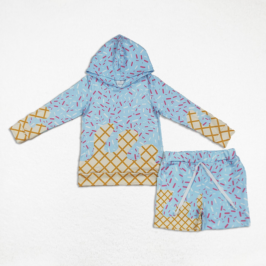 Kids Boys Long Sleeves Blue Drips Hoodie Team Shirt Pockets Shorts Set RTS
