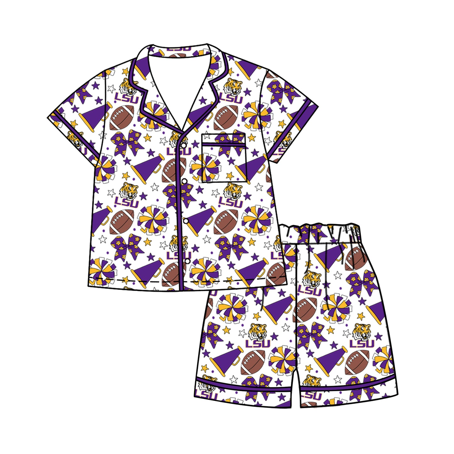 ( Moq 5 ) Baby Girls Kids Short Sleeves Tigers Bows Cheer Football Shirt Shorts Pajamas Set