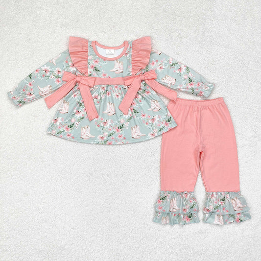 Baby Girl Long Sleeves Flower Boots Tunic Ruffle Pink Pants Western Set