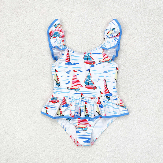 Baby Girl Blue Boats Bow Bummie Bows One Piece Swimsuit
