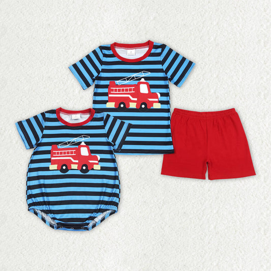 Baby Boy Short Sleeve Firetruck Rompers Brother Clothes Sets