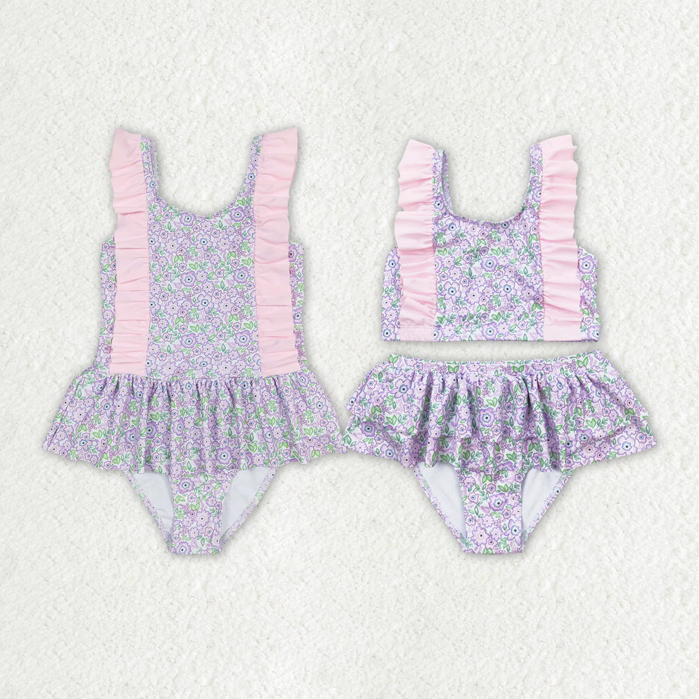 Baby Girl Summer Purple Flower Sibling Sister Ruffle Swimsuit