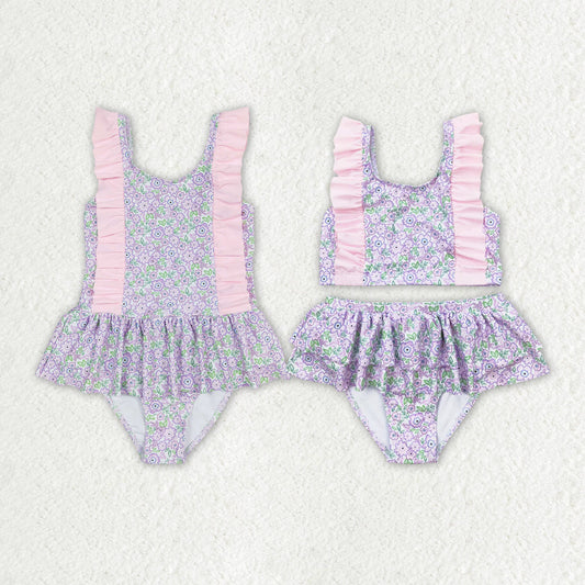 Baby Girl Summer Purple Flower Sibling Sister Ruffle Swimsuit