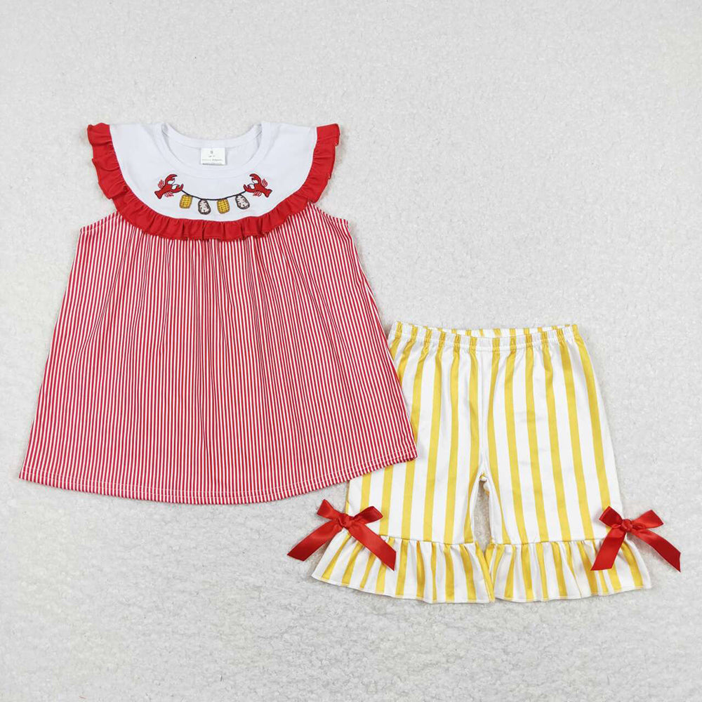 Baby Girl Embroidery Crawfish Sibling Summer Romper Set