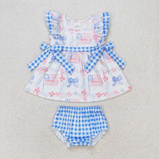 Baby Girl Blue Bows Flags Tunic Bummies July 4th Set