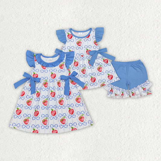 Baby Girl Toddler Short Sleeves Apple Blue Bows Sibling Dress Outfit Clothes RTS