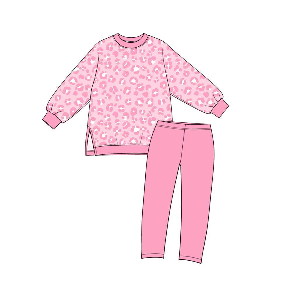 ( Moq 5 ) Preorder Baby Girls Kids Long Sleeves Pink Leopard Tops Leggings Yoga Active Set Clothes