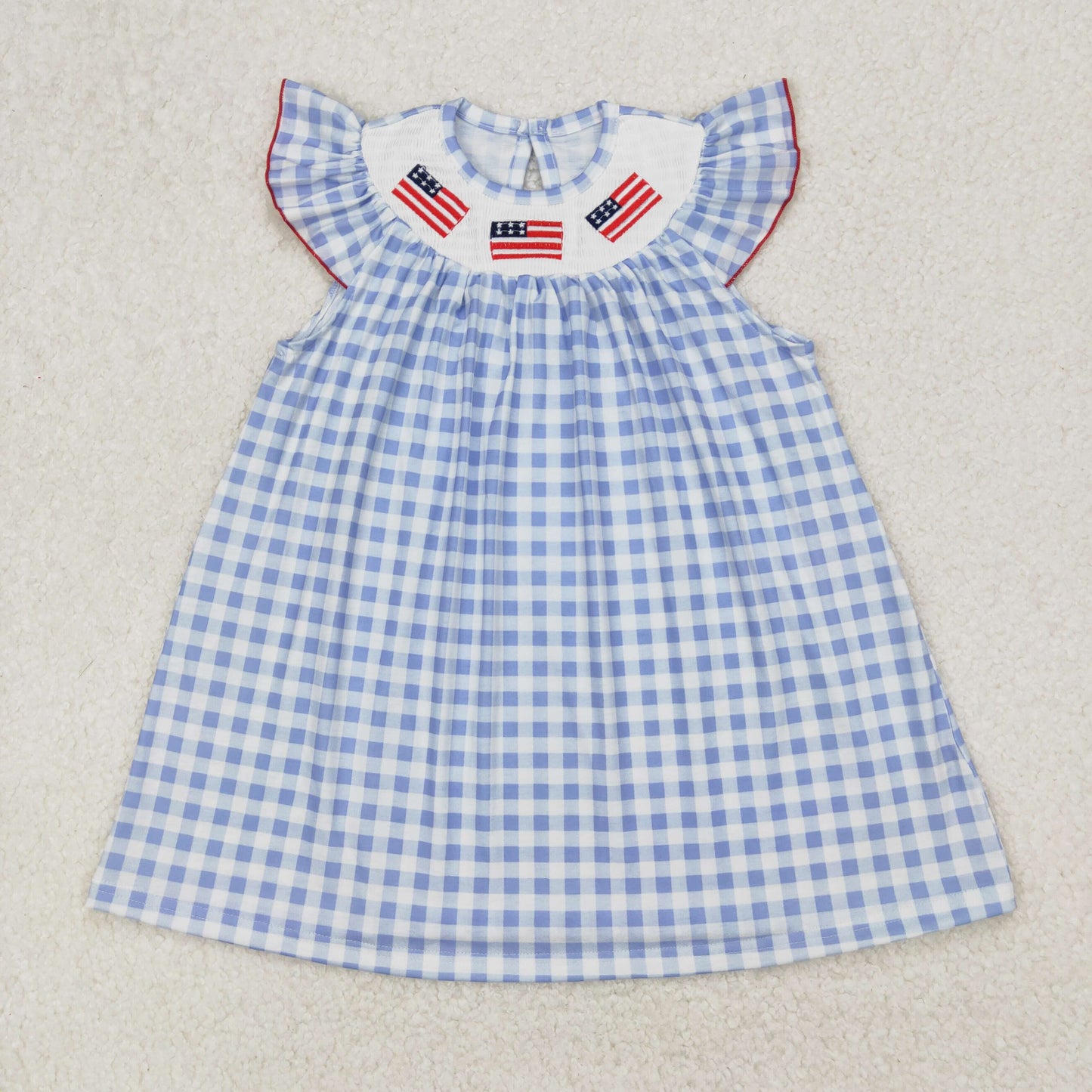 Baby Girl Short Sleeves July 4th Embroidery Flags Blue Checked Smocked Dress RTS