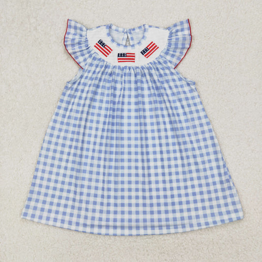 Baby Girl Short Sleeves July 4th Embroidery Flags Blue Checked Smocked Dress RTS