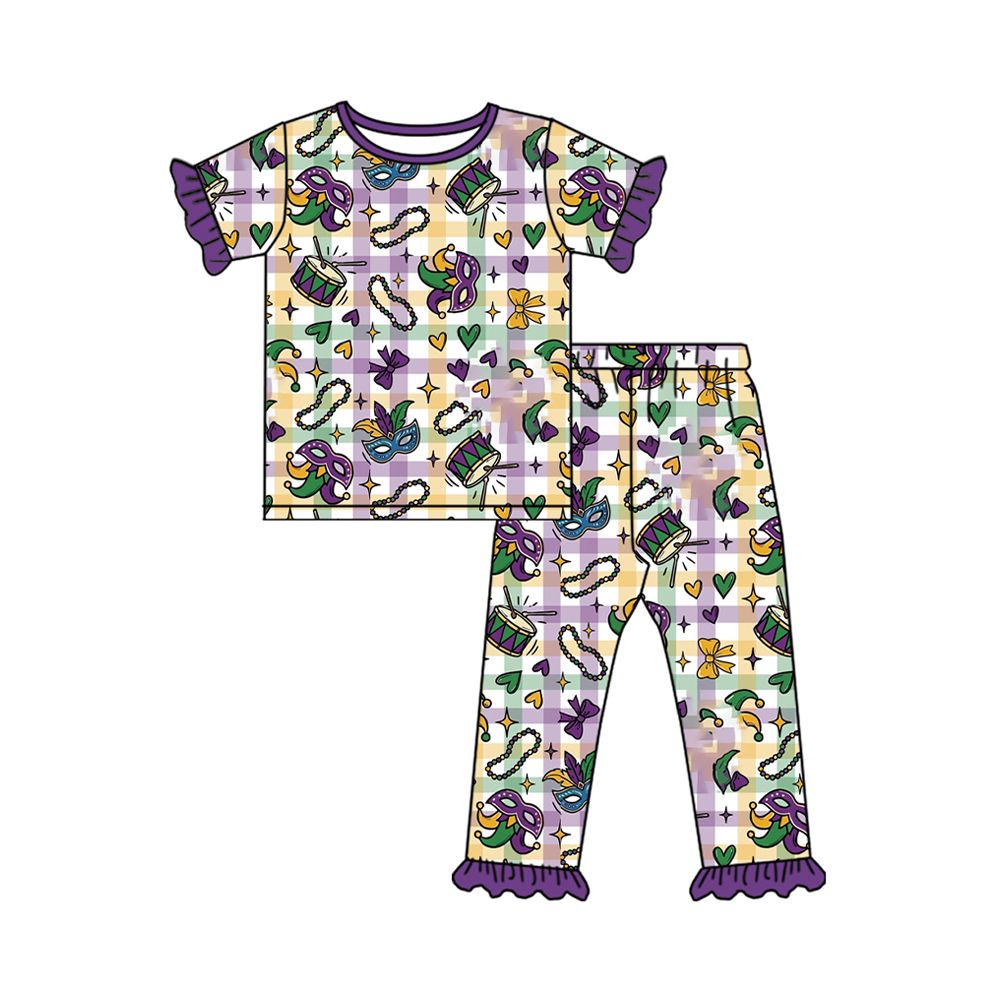 ( Moq 5 ) Preorder Baby Girls Kids Masks Plaid Shirt Pants Pajamas Mardi Gras Set Clothes