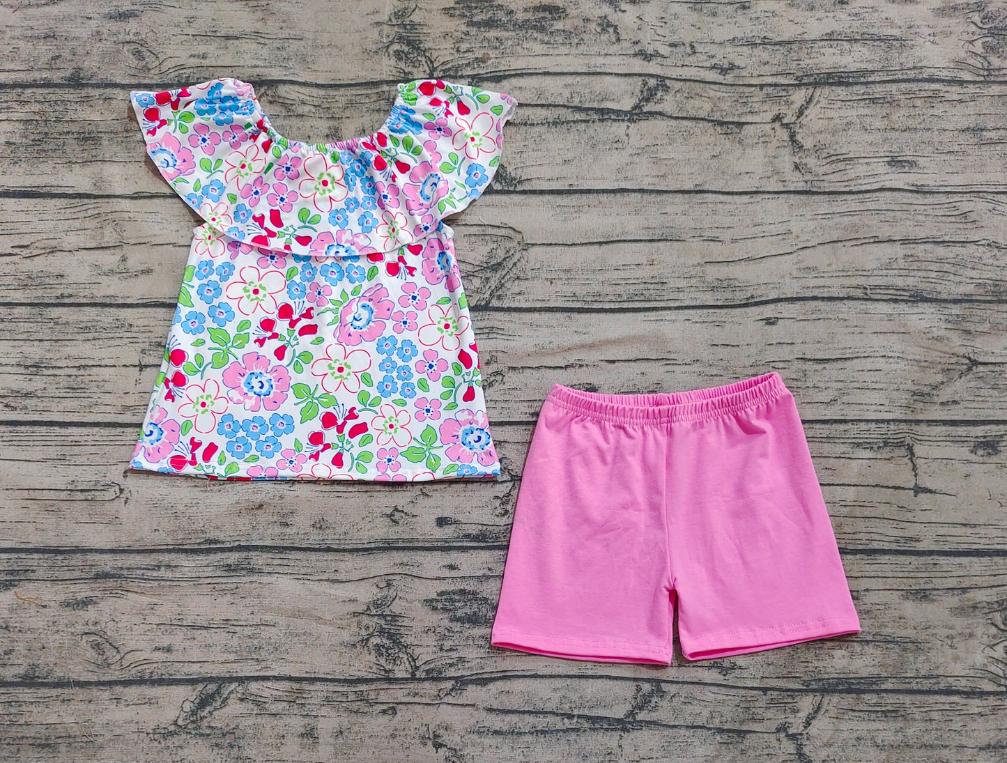 Preorder Baby Girl Flower Ruffle Tunic Tops Pink Shorts Clothes Set RTS