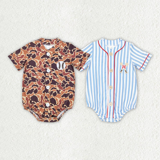 Baby Boy Infant Short Sleeves Embroidery Baseball Camo Stripes Sibling Romper RTS