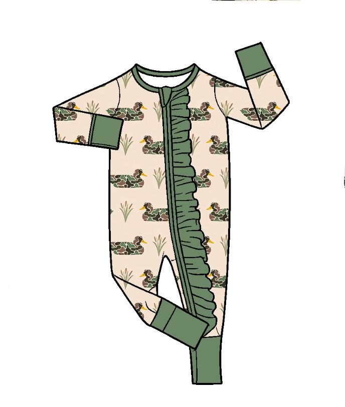 ( Moq 5 ) Preorder Baby Girls Green Ruffle Zipper Sleeper Romper Camo Ducks Clothes