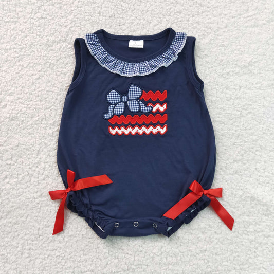 Baby Girls Infant Sleeveless Embroidery Bows 4th of July Navy Bubble Romper Clothes RTS