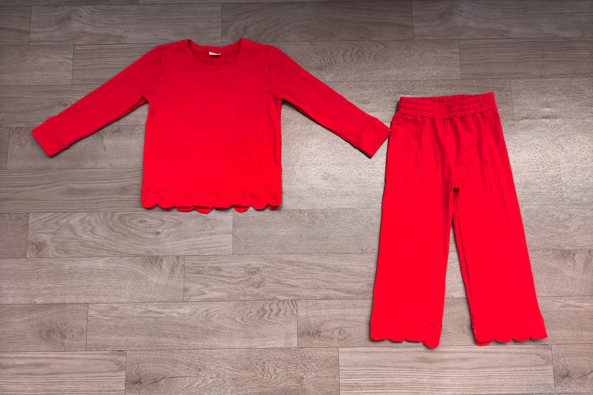 ( No moq ) Preorder Girls Kids Red Long Sleeves Shirt Pants Cotton Pajamas Set