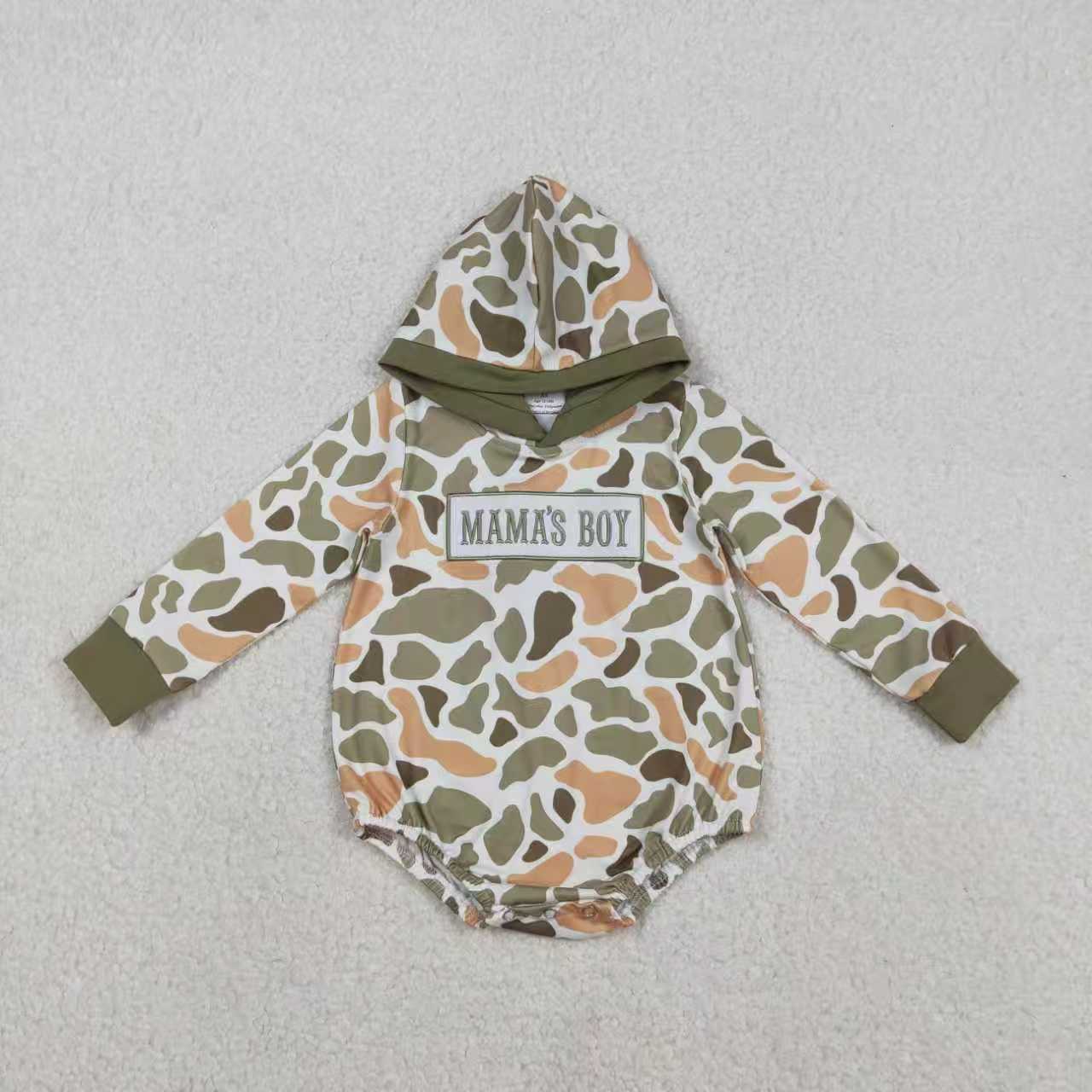 Sibling Baby Boys Embroidery Mama's Boy Orange Green Camo Print Romper Clothes Set RTS
