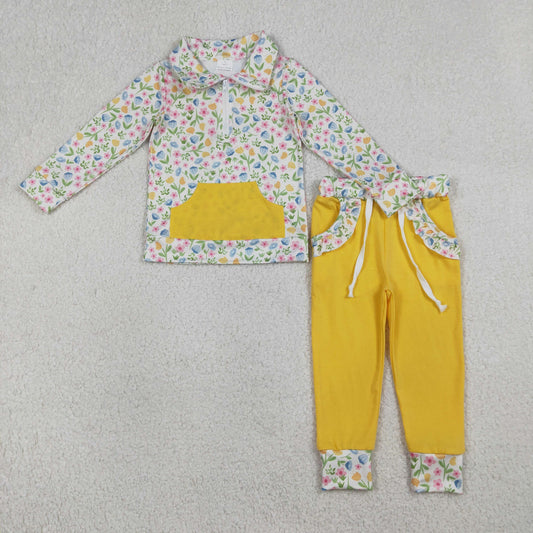 Baby Girls Kids Long Sleeves Floral Zipper Shirt Pockets Yellow Pants Clothes Set RTS