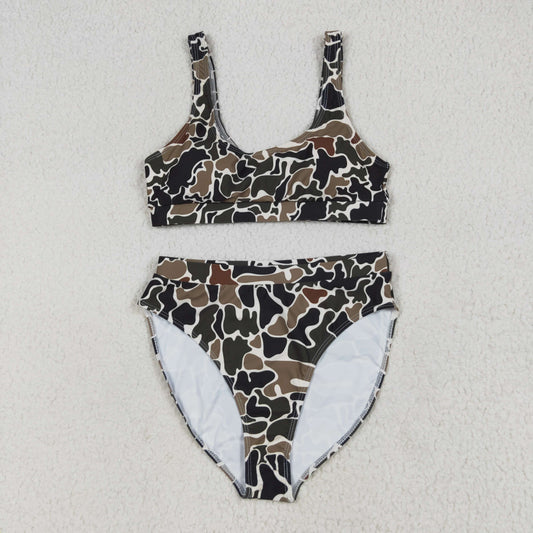 Adult Women Sleeveless Brown Camo Tops Shorts Swimsuit Set RTS