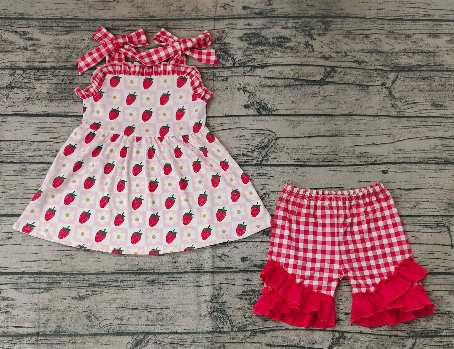 Baby Girl Strawberry Floral Tunic Red Plaid Ruffle Shorts Summer Set