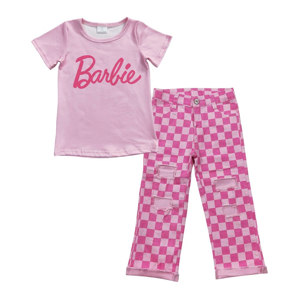 Baby Girl Pink Shirt Checkered Denim Pants Jeans Outfit