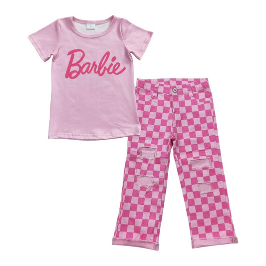 Baby Girl Pink Shirt Checkered Denim Pants Jeans Outfit