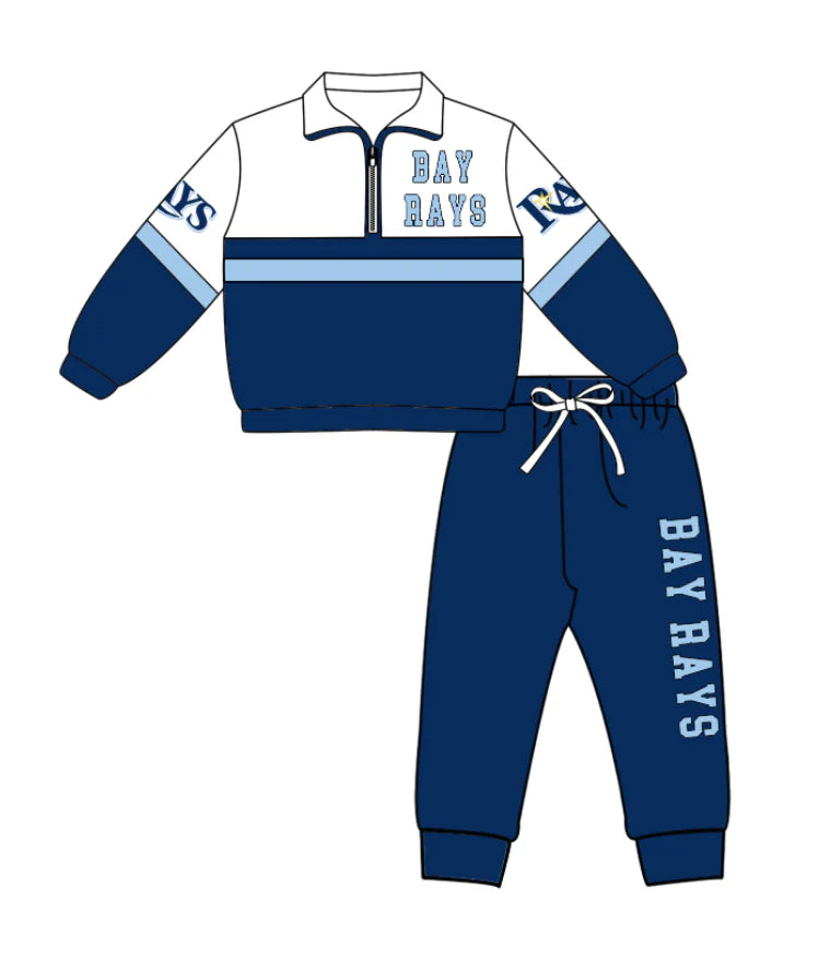 ( Moq 5 ) Baby Boys Toddler Long Sleeves Zipper Pullover Shirt Blue Jogger Pants Team Outfit