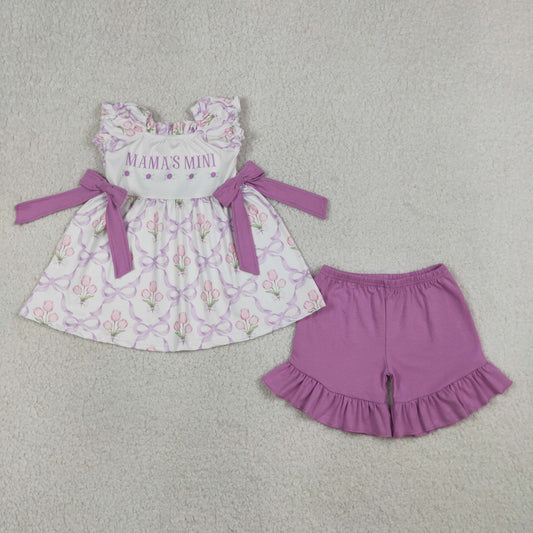 Baby Girl Short Sleeves Mama's Mini Flower Bows Tunic Purple Shorts Set RTS