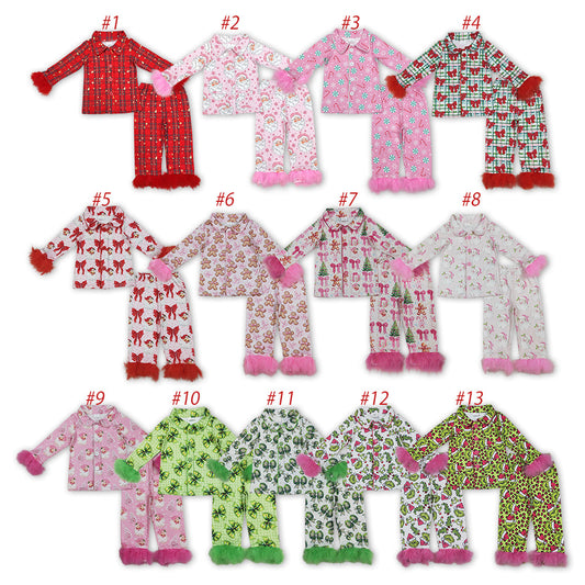 Sibling Baby Girl Fur Long Sleeves Buttons Shirt Pants Christmas Pajamas Sets RTS