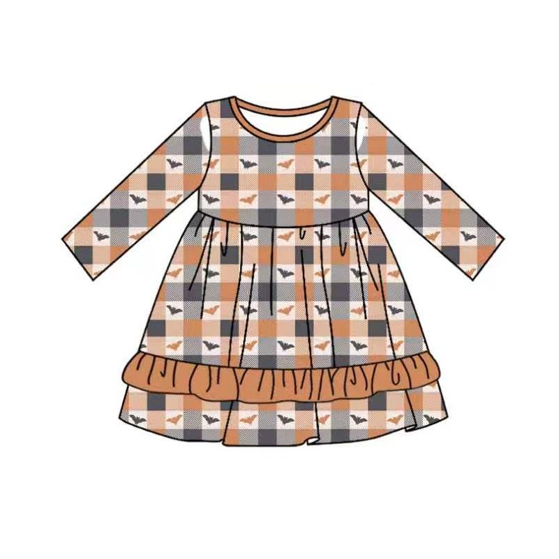 ( Moq 5 ) Preorder Baby Girls Kids Long Sleeves Bats Plaid Halloween Knee Length Dress