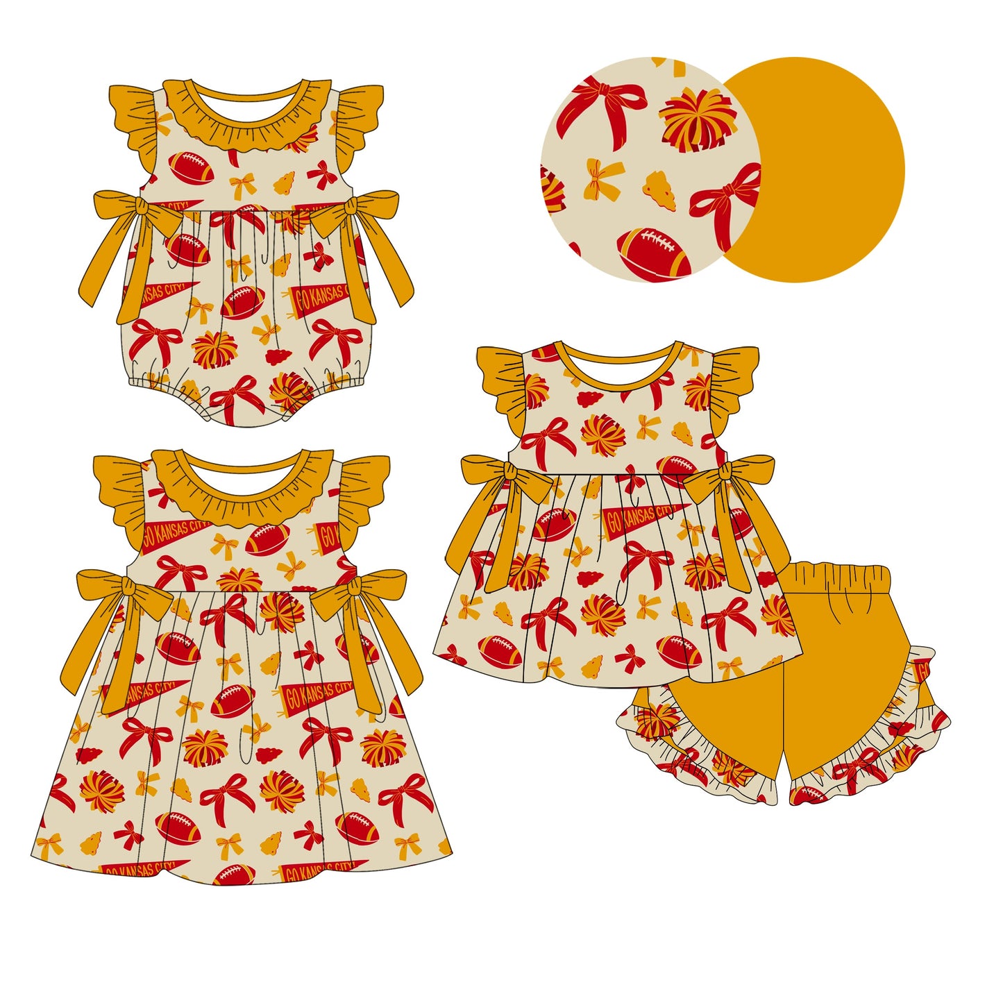 Baby Girl Bows KC Football Sibling Romper Dress Set ( Moq 5 Each Style )
