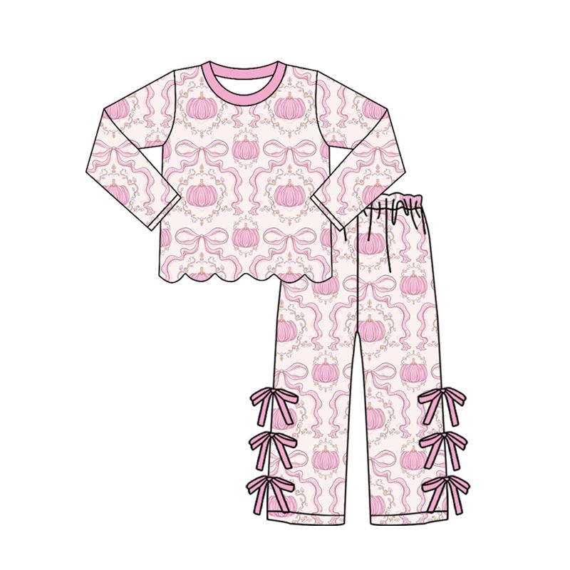 ( Moq 5 ) Preorder Baby Girls Kids Pumpkins Scallop Shirt Pink Bows Pants Set Fall Clothes