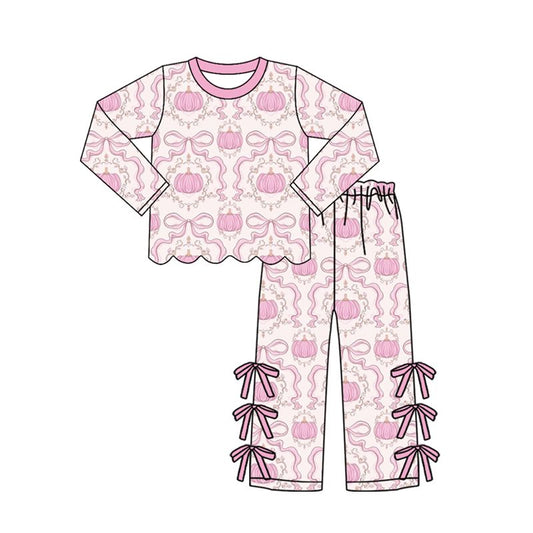 ( Moq 5 ) Preorder Baby Girls Kids Pumpkins Scallop Shirt Pink Bows Pants Set Fall Clothes