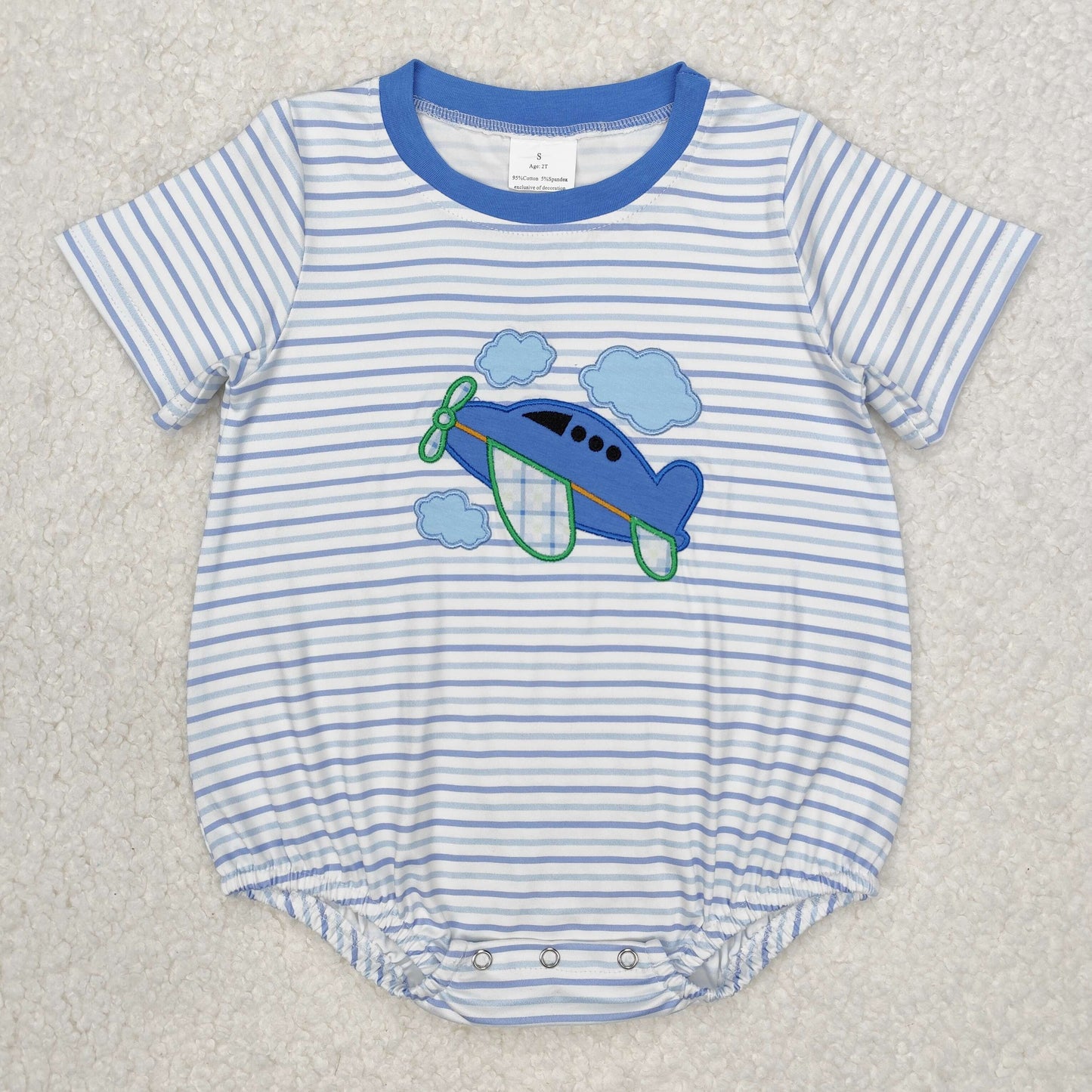 Baby Boy Infant Short Sleeves Embroidery Plane Stripes Bubble Blue Romper RTS