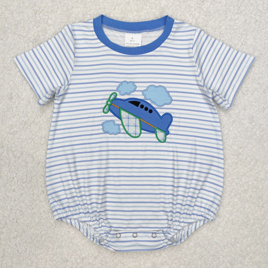Baby Boy Infant Short Sleeves Embroidery Plane Stripes Bubble Blue Romper RTS