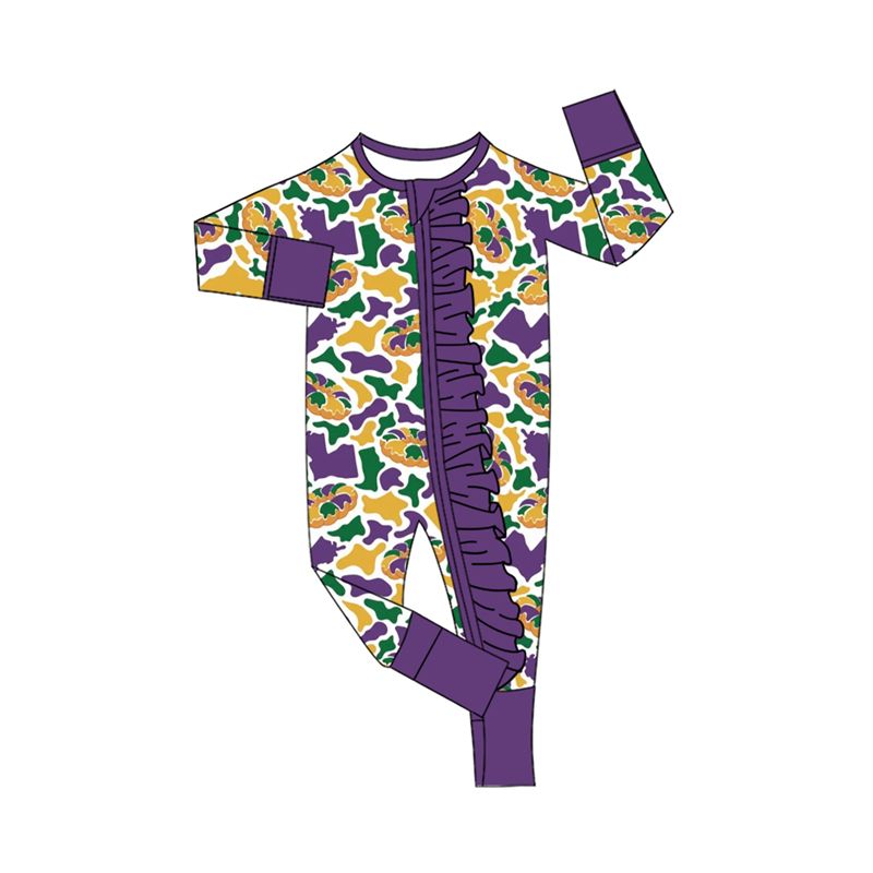 ( Moq 5 ) Preorder Baby Girls Kids Donuts Camo Print Mardi Gras Zipper Footie Sleeper Romper Clothes