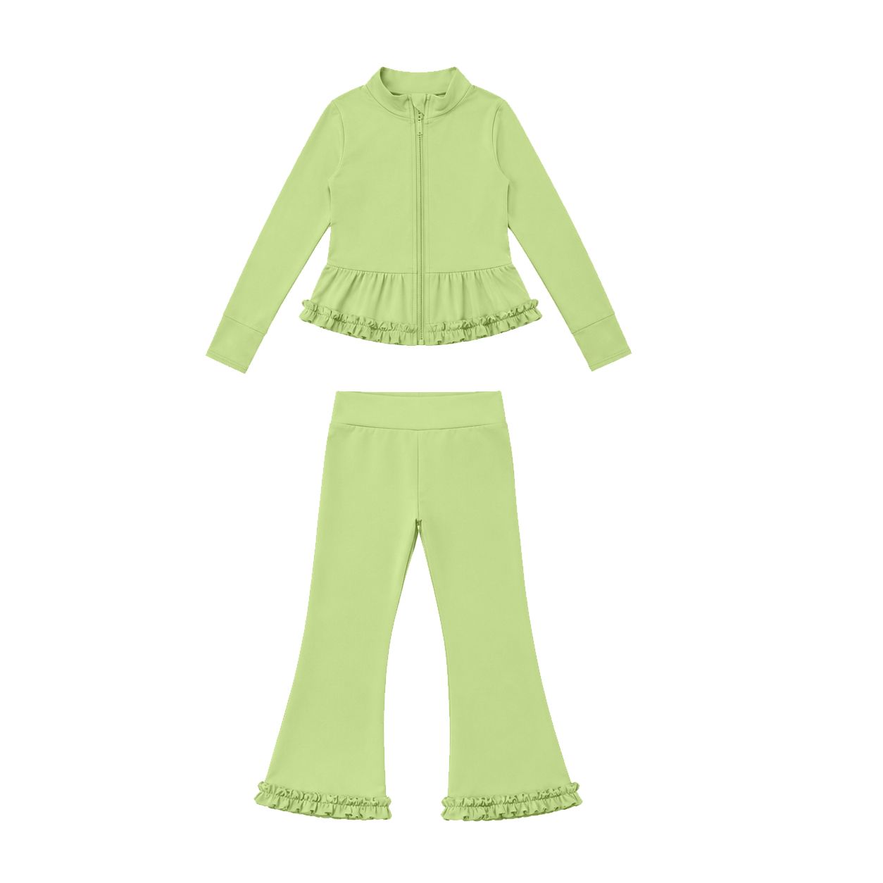 ( Moq 5 ) Preorder Baby Girls Kids Zipper Ruffle Cardigan Tops Pants Green Set Yoga Active Clothes