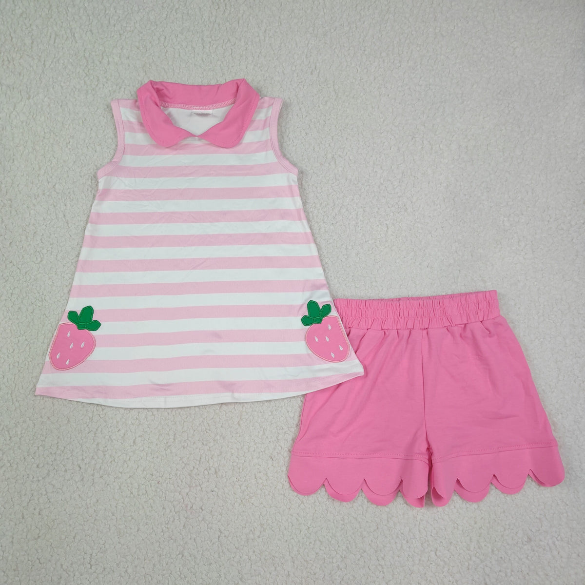 Baby Girls Kids Embroidery Strawberry Stripes Tops Pink Scallop Shorts Set Clothes RTS
